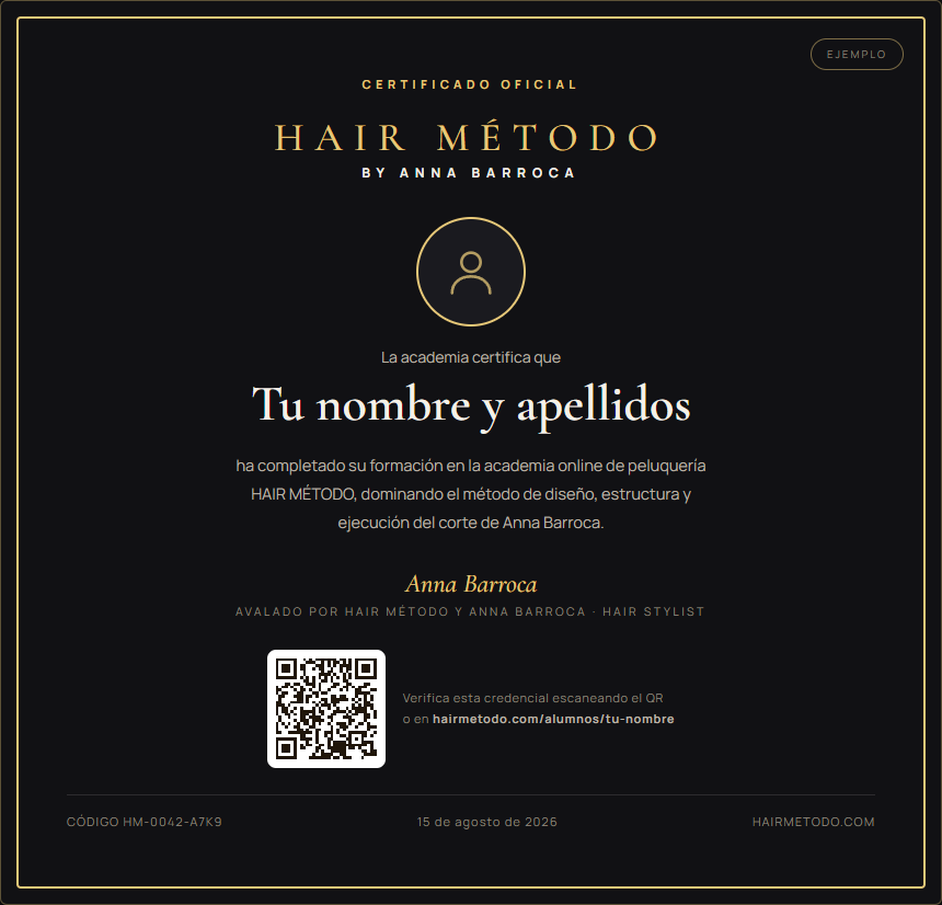 Ejemplo del certificado de HAIR M&Eacute;TODO avalado por Anna Barroca